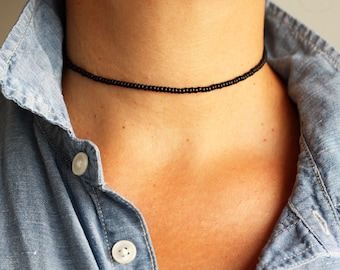 Black seed beaded choker, dainty layering boho necklace for her