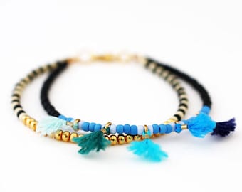 Blue tassel friendship bracelet, boho jewelry gift for her