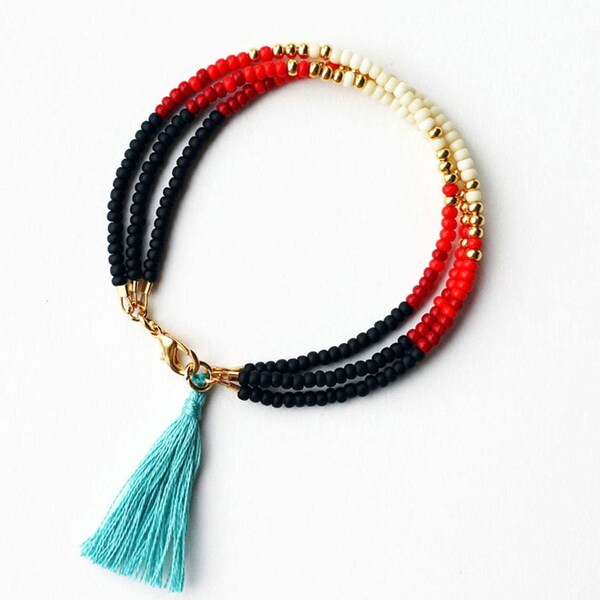 Multi strand friendship bracelet in black red gold, southwestern tassel jewelry for women, gifts for her
