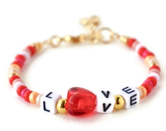 Love beaded friendship bracelet with red heart charm