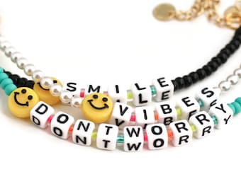 Custom word beaded friendship bracelet with yellow smile face, jewelry gift for teen girls