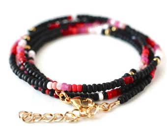 Layering seed bead necklace, black red pink gold stacking multicolored beaded necklace with chain extender, jewelry gift for her