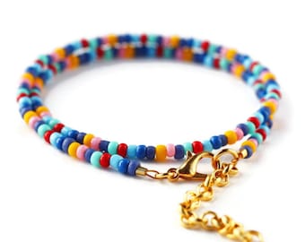 Multi colored seed bead choker with gold chain extender, jewelry gift for her