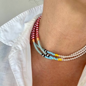 Half pearl half bead multi strand beaded choker necklace, jewelry gifts for her