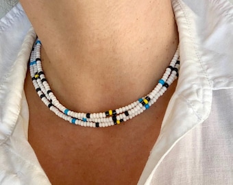 White layering beaded choker, multiple strand summer necklace, gift for her