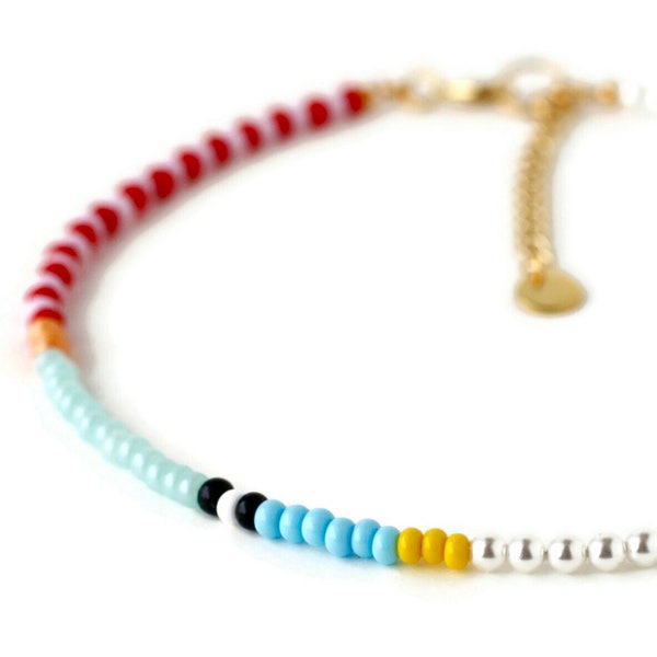 Half pearl half multi-colored glass seed beads choker