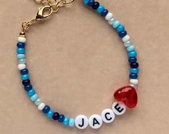 Custom word beaded bracelet, blue friendship stack bracelet, cute jewelry gift for her