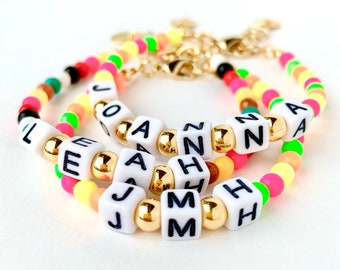 Custom beaded name or initial bracelet, rainbow stacking bracelets, unique gifts for kids