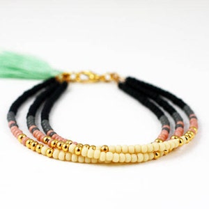 Black and pink multi strand beaded bracelet, tassel friendship jewelry, gift for her