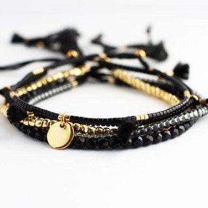 Set of 5 black and gold delicate stacking bracelets, string bracelets, gift for friend image 1