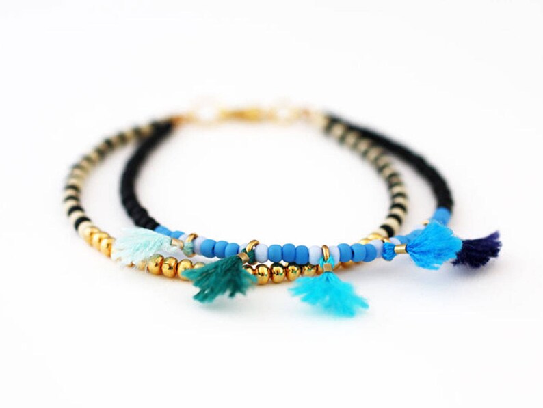 Blue Tassel Multi Strand Stacking Bracelet Colorful Tassel Etsy