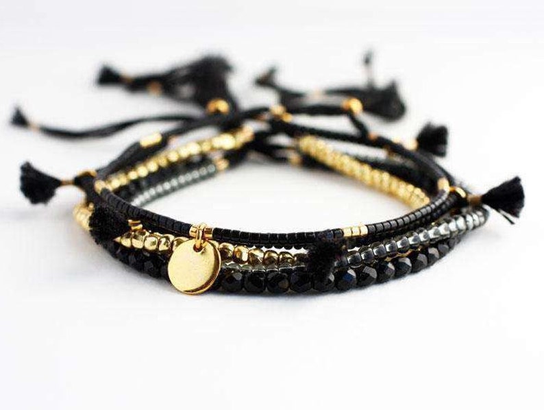 Set of 5 black and gold delicate stacking bracelets, string bracelets, gift for friend image 1