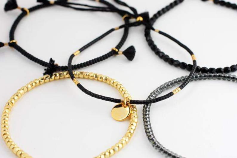 Set of 5 black and gold delicate stacking bracelets, string bracelets, gift for friend image 4