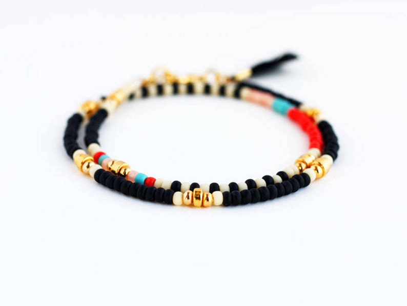 black beaded friendship wrap bracelet with gold coin charm and small tassel, gift for her image 7