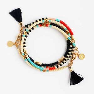 black beaded friendship wrap bracelet with gold coin charm and small tassel, gift for her image 9