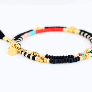 black beaded friendship wrap bracelet with gold coin charm and small tassel, gift for her image 6