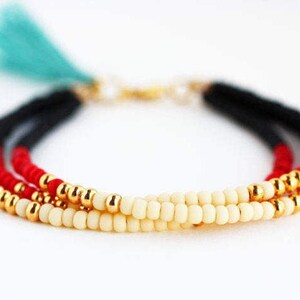 Multi strand friendship bracelet in black red gold, southwestern tassel jewelry for women, gifts for her image 3