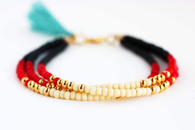 Multi strand friendship bracelet in black red gold, southwestern tassel jewelry for women, gifts for her image 3