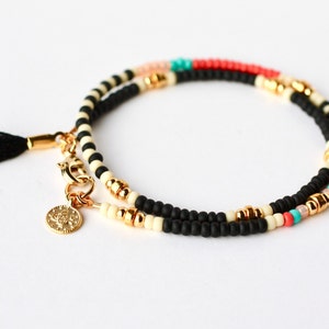 black beaded friendship wrap bracelet with gold coin charm and small tassel, gift for her image 4