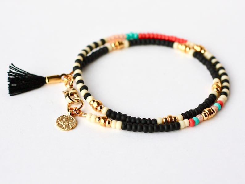 black beaded friendship wrap bracelet with gold coin charm and small tassel, gift for her image 4