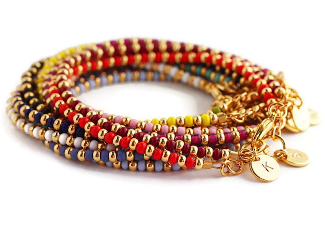 Custom Monogram Beaded Bracelet, Dainty Hand Stamped Gold Initial Charm