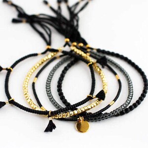 Set of 5 black and gold delicate stacking bracelets, string bracelets, gift for friend image 2
