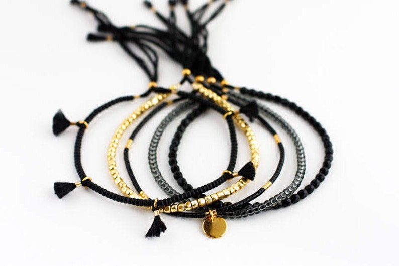 Set of 5 black and gold delicate stacking bracelets, string bracelets, gift for friend image 2