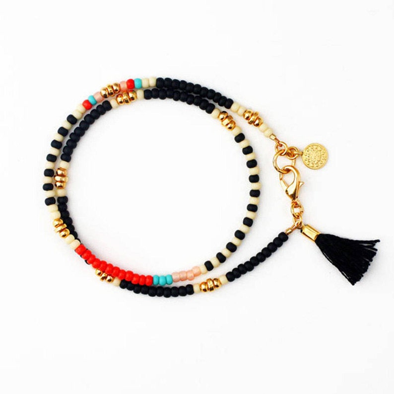 black beaded friendship wrap bracelet with gold coin charm and small tassel, gift for her image 2