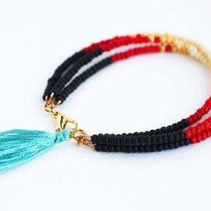 Multi strand friendship bracelet in black red gold, southwestern tassel jewelry for women, gifts for her image 2