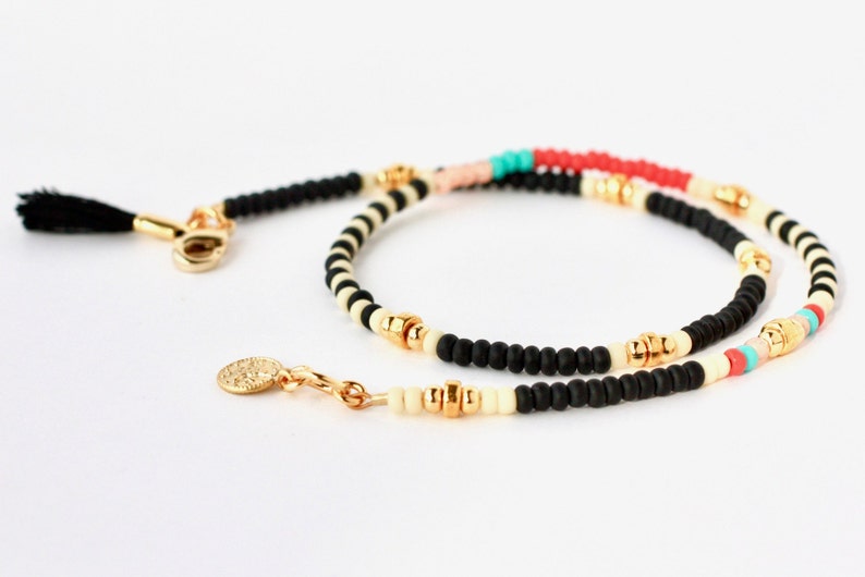 black beaded friendship wrap bracelet with gold coin charm and small tassel, gift for her image 5