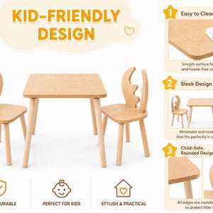 Natural wooden Montessori kids table and 2 chairs set on a soft round rug, featuring an easy-to-clean surface, stylish modern design, rounded child-safe edges, and durable toddler furniture for playroom or nursery use.