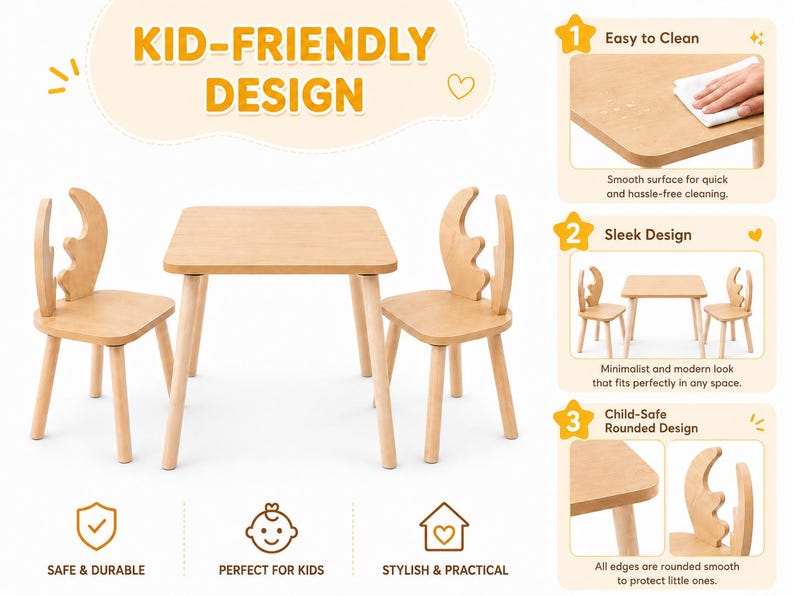 Natural wooden Montessori kids table and 2 chairs set on a soft round rug, featuring an easy-to-clean surface, stylish modern design, rounded child-safe edges, and durable toddler furniture for playroom or nursery use.