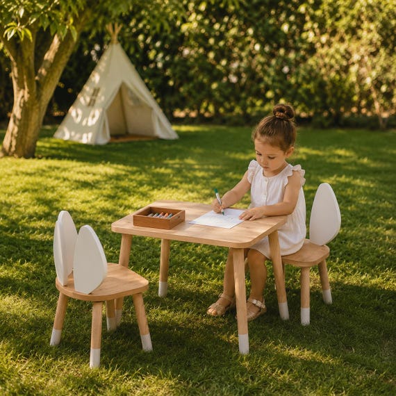 Montessori Natürliches Kinder Tisch und 2 Kinderstühle – Kaninchen möbelset Design –  für Spiel, Kreativität und Essen