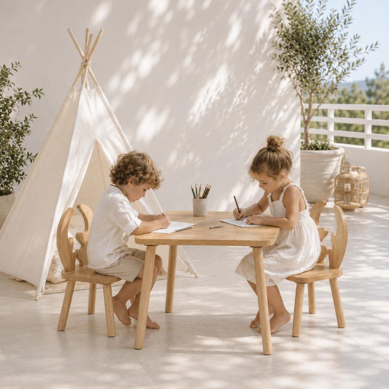 Op de afbeelding: Een tafel van lichtgekleurd hout en twee bijpassende stoelen met gebogen rugleuningen. De stoelen hebben een opvallend ontwerp met afgeronde, oorvormige details aan de bovenkant van de rugleuningen. De set is gemaakt van glad, natuurlijk hout.