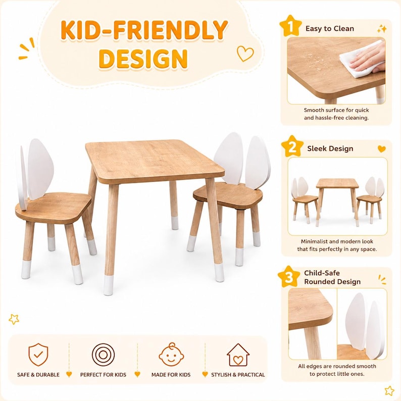 Kid-friendly wooden children’s table and two chairs set with rounded edges, easy-to-clean surface, stylish natural wood design, and child-safe oval corners.
