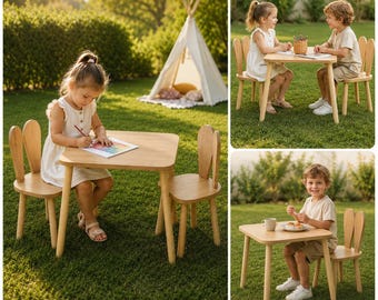Montessori Handgemachter Hase Holz Kindertisch und 2 Stühle - Chemikalienfrei – ideal für Kinder von 2–7 Jahren