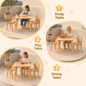 Wooden Montessori kids table and chairs set shown for study, play and dining, natural wood toddler furniture with two chairs for nursery, playroom and kids room.