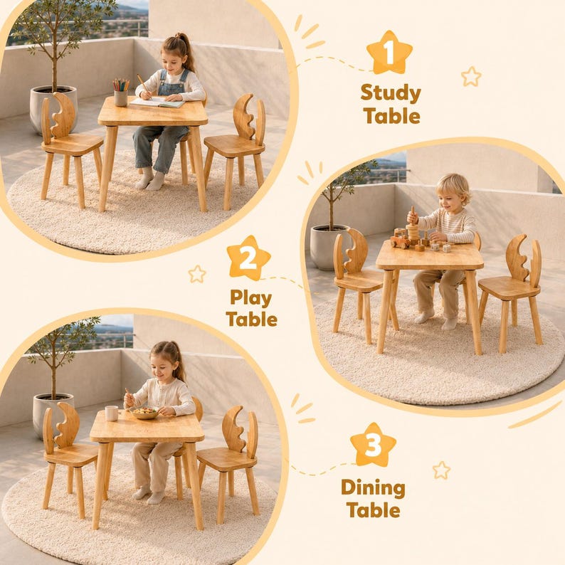 Wooden Montessori kids table and chairs set shown for study, play and dining, natural wood toddler furniture with two chairs for nursery, playroom and kids room.