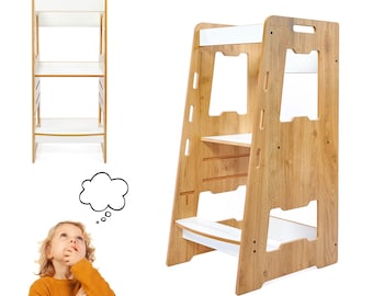 Montessori Lernturm aus Holz für Kinder - Verstellbarer Küchenhelfer für 2–6 Jahre -Kindersicher Tritthocker - Naturholz Lernturm