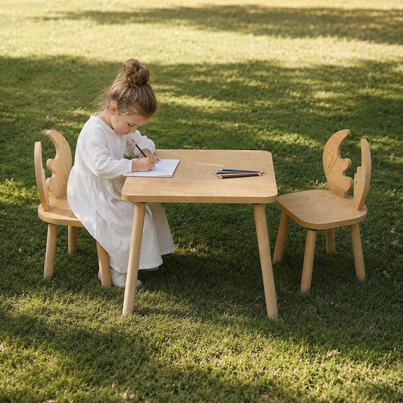 Holz Montessori Tisch und 2 Kinderstühle – Kaninchenstuhl Design – Natürliches Kinder Möbelset für Spiel, Kreativität und Essen