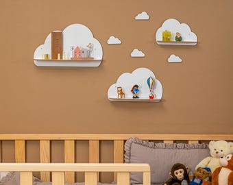 Wolken Wandregal Set Kinderzimmer Holz | 3er Cloud Regal Babyzimmer Deko | Wandregal Wolke Nursery Shelf Kinder Regal
