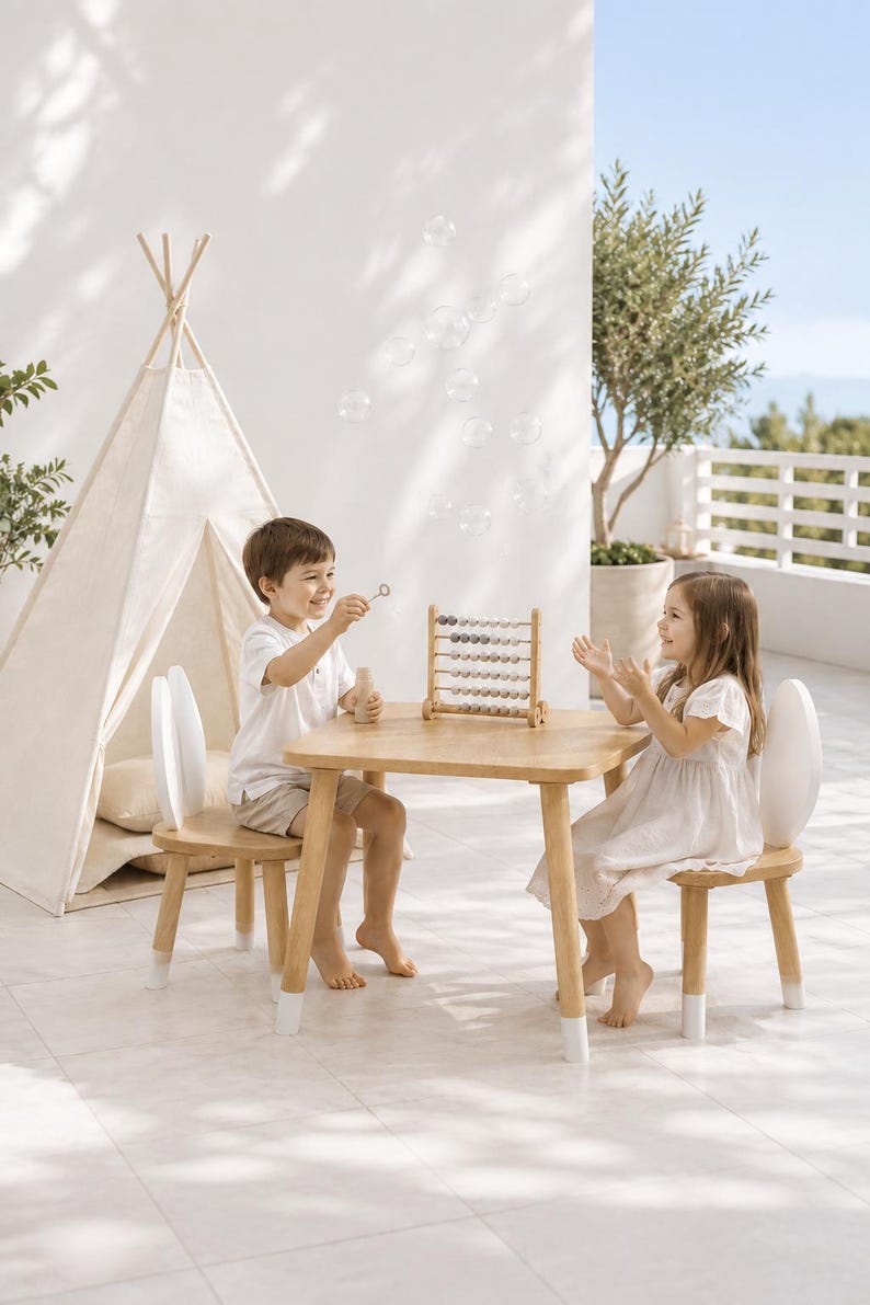 Montessori Holz Kindertisch und Stuhlset aus natürlichem Eichen-MDF, handgefertigt und chemikalienfrei – ideal für Kinder von 2–7 Jahren