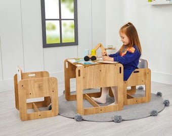 Montessori Handgemacht Kübik Tisch und 2 Stühle - Chemikalienfrei –Stuhlset aus Holz für kreative Köpfe-Aktivität Tisch