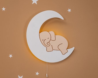 Handbemalte Mond-Elefant Babyzimmer Lampen, Nachtlicht fürs Kinderzimmer, Wanddekoration, Wandleuchte, Geschenk für Kinder