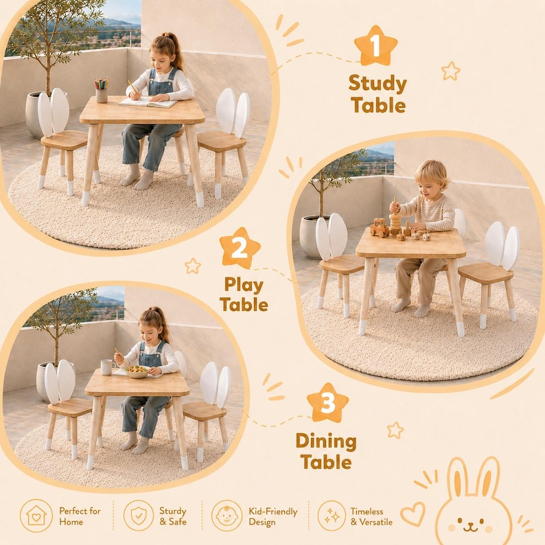 Wooden Montessori kids table and chairs set shown for study, play and dining, natural wood toddler furniture with two chairs for nursery, playroom and kids room.