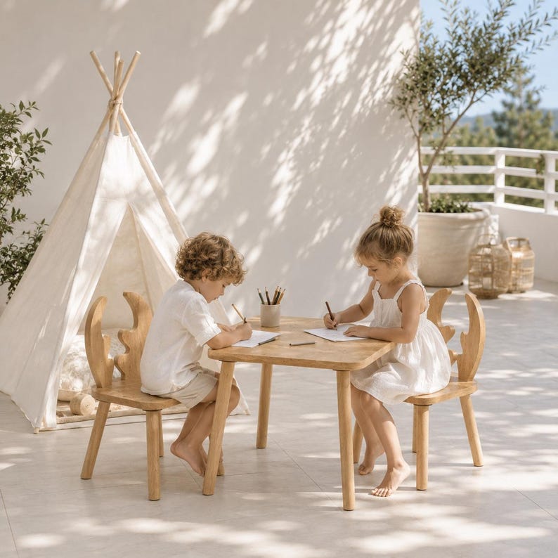 Op de afbeelding: Een kindertafel van lichtgekleurd hout met twee bijpassende stoeltjes met gebogen rugleuningen in de vorm van een gewei. Het meubilair staat op een terras naast een witte stoffen tipi, waar twee kinderen op wit papier aan het tekenen zijn.