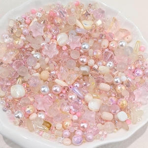 Buttercream Flutter Glass Bead Mix with Gemstone Accents in Storage Box. Blush Cream bead soup for Jewelry Making, DIY Bracelets & Crafting