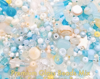 Seaglass Coast Glass Bead Mix in Free Storage Box.  Calming blues, soft aqua, milky white and coastal neutrals for Jewelry Making, DIY Craft