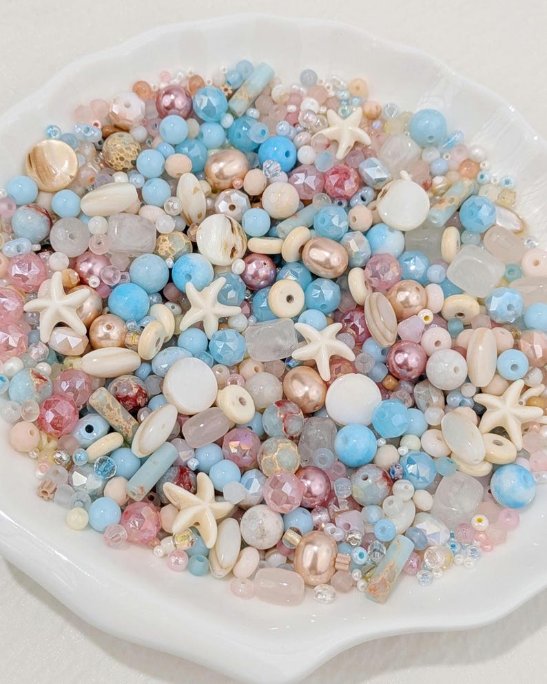 Costal Sorbet Glass Bead Mix with Shell Gemstone Accents in Storage Box. Pastel Beach Mix for Jewelry Making, Creative DIY Crafts 30,50,100g image 2