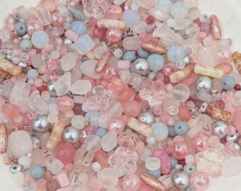 Blush Moonlight Glass Bead Mix with Gemstone Accents in Storage Box. Pink, Grey bead soup for Jewelry Making, DIY Phone Charms & Bracelets